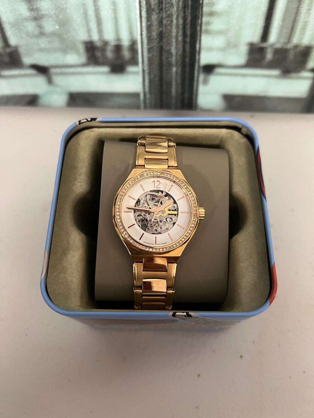 Gold Fossil Eevie BQ3781 Crystal Bezel Skeleton Watch